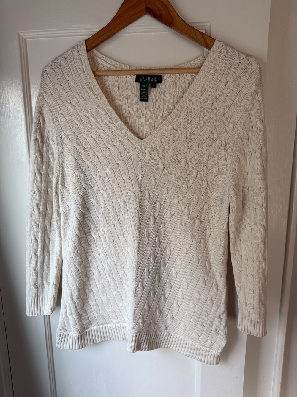 Ralph Lauren Silk Cream Cable-Knit V-Neck Sweater Size Women’s XL